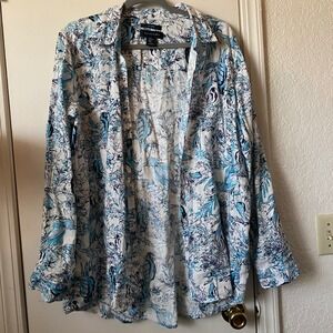 Tahari Linen Button Down Top Resort wear XL Floral Blue Bird Print Long Sleeve